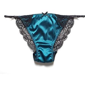 SilRiver Dames zijdesatijn sexy kanten ondergoed broekje bikinibroek tanga hipster, blauw, L-XL