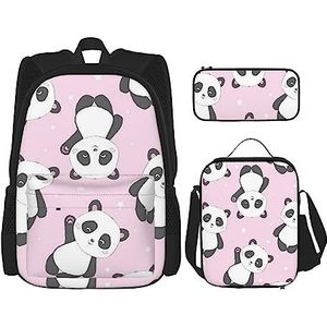 Roze panda rugzak gepersonaliseerde reistas met lunchtas etui set van 3 stuks, Zwart, Eén maat, Rugzakken