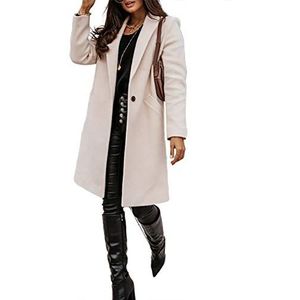 Frolada Womens Long Coat Autumn Overcoat Women Elegant Wool Jacket Casual Winter Pocket Lapel Button Warm Jacket Beige S