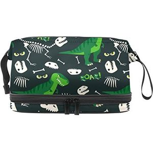 Grote capaciteit reizen cosmetische tas,Make-up tas,Waterdichte make-up tas Organizer, Dinosaurus groen bot, Meerkleurig, 27x15x14 cm/10.6x5.9x5.5 in