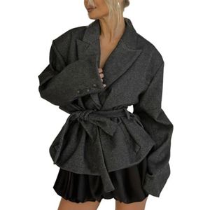 Effen V-hals Twilljas for Dames Met Riem, Casual Dikke Herfstjas Als Bovenkleding(Dark grey,S)