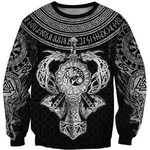 Viking 3D All-over Bedrukt Sweatshirt met Ronde Hals, Heren Vintage Norse Quake Odin Fenrir Tattoo Totem Rits Hoodie, Pagan Trekkoord Grote Zak Pullover (Color : Round Neck Hoodie, Size : S)