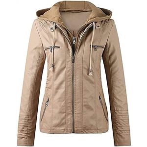 QLXYYFC Dames Capuchon Imitatie Leren Jassen Herfst Winter Motorjas Casual Getailleerd Overgangsjack Winddicht Warm Bikerjack met Rits(Khaki,S)