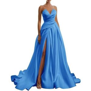BRIGOW Satijn Strapless Trouwjurken voor Vrouwen met Split Formele Avondjurk voor Bruiloft Gast Plus Size, Blauw, 32