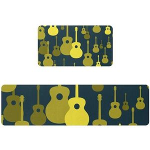 VAPOKF 2 stuks keukenmat klassiek gitaar geel patroon, antislip wasbaar vloertapijt, absorberende keuken mat loper tapijt voor keuken, hal, wasruimte