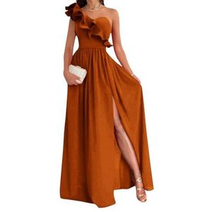 Damesjurk met één schouder voor bruidsmeisjes, fluweel, mouwloos, lange formele jurk met split, Verbrand Oranje, 54