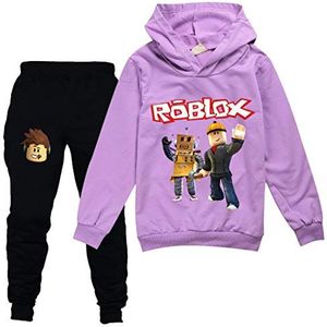 Temolie Roblox Game Sweatshirt Jongens Hoodies Meisjes Kids Outfits Cartoon Karakters Trui Katoen Broek Kleding 2 Stks Sets, Paars 1, 5-6 jaar