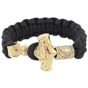 Nordic Viking Thor's Hammer Armband Voor Heren - Handgemaakte Roestvrijstalen Mjolnir Paracord Gevlochten Touwarmband - Vintage Odin Symbool Valknut Kraal Amulet Sieraden (Color : Gold_19CM)