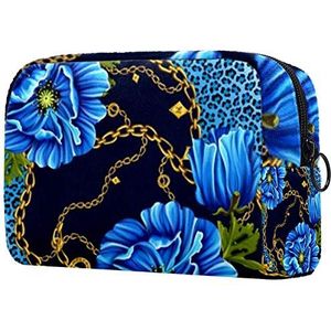 Dames Make-up Tas Meisje Cosmetische Tassen Toilettas Organizer Pouch met Rits 7.3x3x5.1 Inch Blauwe Bloem