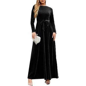 Dames Lente en Winter Elegant Temperament Casual Lange Jurken Goud Fluwelen Effen Kleur Ronde Hals Mid-Taille A-lijn Lange Mouwen Jurken, Zwart, S