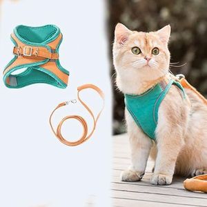 Lichtgevend kattenvest harnas en riem set, zacht en comfortabel kat ontsnappingsbestendig vest voor buiten, verstelbaar kittensvest met reflecterende strip (groen+oranje, XL (11-16 lbs))