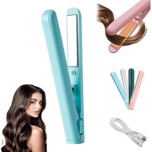 VAWSVOCS Mini-krultang, dubbel gebruik, mini-krultang en plat strijkijzer, draagbaar, voor kort haar en alle haartypes (blauw)