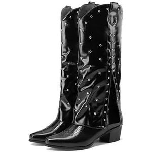 Western Cowboylaarzen For Dames, Modieuze Geborduurde Halfhoge Laarzen, Vierkante Neus Met Blokhak En Hoge Laarzen For Feestjes, Winkelen Of Dagelijks Gebruik(Black,39 EU)