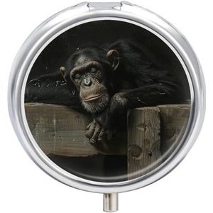 Orang-oetan aan boord pillendoos 3 compartimenten reispillenorganisator 3 keer per dag schattige mini-pillenetui voor portemonnee en zak draagbare metalen medicijndoos met spiegel ronde dagelijkse
