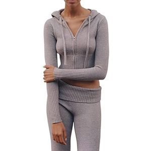 Women Ribbed Knit 2 Piece Outfits Long Sleeve, High Waist Skinny Pants Set Suit, Zip Hooded Sweater Loungewear Set, Long Sleeve Zipper Hooded Suit (S,Grey)