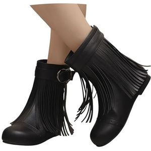 Enkellaarsjes For Dames Met Gesp Retro Middeleeuwse Laarzen Met Franjes Comfortabele Enkellaarsjes Met Sleehak PU-leren Laarzen Met Rits Casual Enkelschoenen,36-43EU(Black,43 EU)