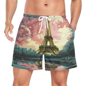 Romantische Paris Eiffeltoren zwembroek voor heren, sneldrogend, met zakken, Leuke mode, L