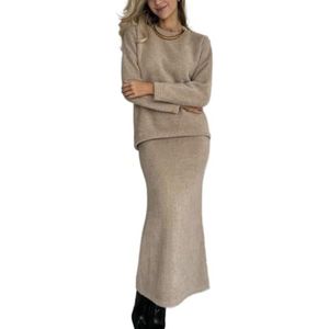 MLSHWUG Vrouwelijke Fall Elegante Pullover Losse Trui Met Ronde Hals Fishtail Rok Sets 2 Stuks,Khaki,L