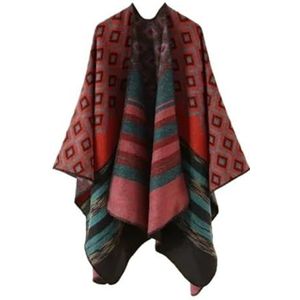 UBOHUZ Herfst Winter Geometrische Streep Patroon Imitatie Kasjmier Warm Casual Vrouwen Sjaal Poncho Capes Lady Jas Voor Lente Herfst Winter, Rood, One size