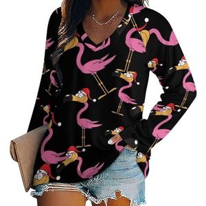 Leuke Kerstman Flamingo vrouwen Casual Lange Mouw T-shirts V-hals Gedrukt Grafische Blouses Tee Tops L