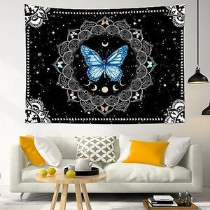 56 Wandtapijt vlinder mandala blauwe vlinder zwart-wit mandala Boheemse ster maan fase esthetische muur opknoping kunst wandtapijten zachte wandtapijten voor woonkamer slaapkamer feest 130x152cm