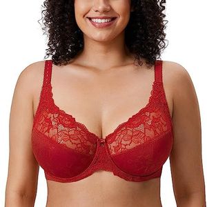 DELIMIRA Vrouwen Schoonheid Kant Niet Gewatteerde Minimizer Volledige Figuur Onderdraad Beha Donkerrood 110C