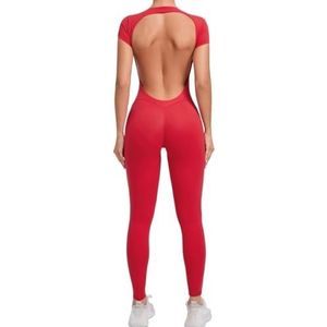 Sexy yoga-set, blote rug, eendelig, romper voor dames, sneldrogende yogakleding, trainingsbodysuit, uitlopend sportpak voor dames (rood, L)