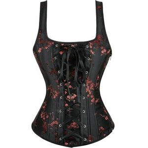 Steampunk Bandjes Overbuste Korset Met Cup Rits Sexy Jacquard Bloemen Corset Taille Cincher Bustier Lingerie Top Plus Size, 73021zwart, 3XL