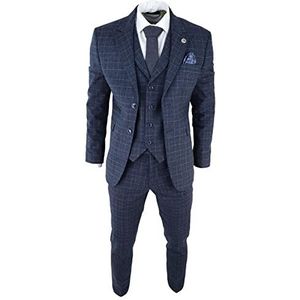 Heren grijs tweed 3-delig pak blauw geruit vintage jaren 1920 Gatsby Blinders Tailored Fit, Blauw, 52