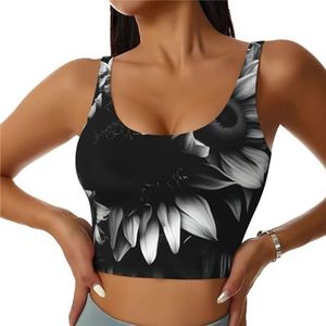 TTYDOKLA Zwart-witte zonnebloemen print high impact sport bh's, workout tops met ingebouwde beha, voor fitness, hardlopen en yoga, Zwart, S