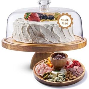 Homesphere Acaciahouten taartstandaard met deksel - 30,5 cm ronde taarthouder, 2-in-1 desserttafeldisplayset en charcuteriebord voor kaas, chips en dips, nacho's, fruitschaal, grote acryl