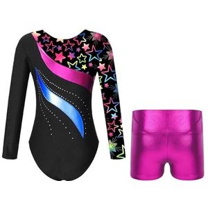 LYHYDMA Gymnastiekpak met lange mouwen, balletpak voor kinderen, trainingspak met shorts, danskleding, set voor meisjes, yoga, unitard, Star Black, 4