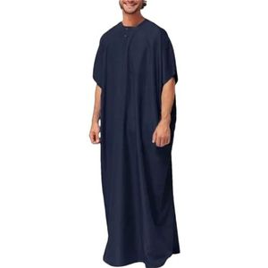 Hgvcfcv Mannen Knop Kimono Midden Gewaad Saoedische Moslim Man Shirt Stand Kraag Islamitische Arabische Kaftan Mannen Abayas, Donkerblauw, XXL