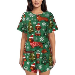Zelinge Pyjama met korte mouwen voor dames, 2-delig, loungewear voor dames, nachtkleding S-4XL, Honden Groene Kerstbomen, S