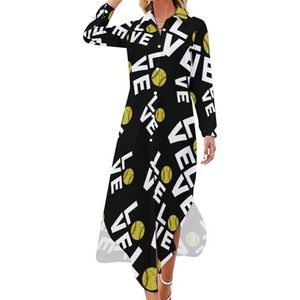 I Love Softball Maxi-jurk voor dames, lange mouwen, knoopsluiting, casual, feest, lange jurk, 5XL