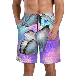 PHTZEZFC Bloemen Kleurrijke vlinderprint strandshorts voor heren - lichtgewicht, sneldrogende zwembroek met trekkoord en zakken, Wit, S