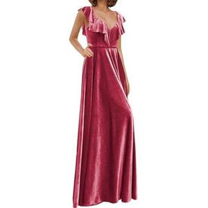 Fluwelen lange bruidsmeisjesjurken voor vrouwen hoge split A-lijn ruches V-hals bescheiden formele avondjurken, roze (hot pink), 56 NL/Plus