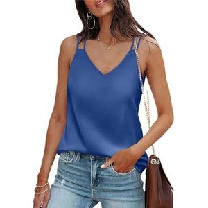 Tdvcpmkk Dames V-hals Zijden Satijn Zomer Mouwloos Hemdje Tanktop, Blauw, M