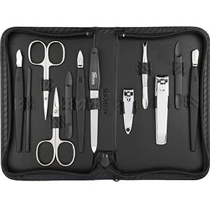 Solingen manicureset 12-delig - nagelset voor mannen en vrouwen, alles wat je nodig hebt voor manicure en pedicure, in kunstlederen etui met koolstofvezel optische coating