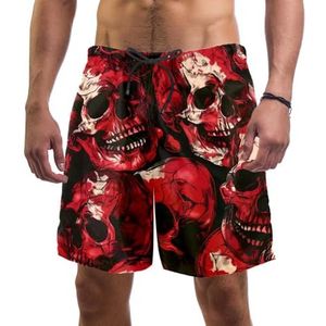 Heren Board Shorts, Rode Schedel Print Sneldrogende Badmode Strand Vakantie Party Bermuda Zwemmen Grote Broek, Print rode schedel, L