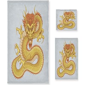 KAAVIYO Chinese Dragon Cartoon Art 3-delige handdoekset voor badkamer (1 badhanddoek en 1 handdoek en 1 washandje), geurbestendige, zeer absorberende handdoeken voor zwemmen, strand, hotel