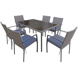 Jet-Line® | tuinmeubelen | eetgroep | grijs | 6 stoelen stapelbaar & tafel 1,5 m0,9 m | Carlo grijs | outdoor polyrotan | tuin | terrassen set | incl. kussens.