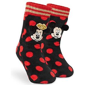 Disney Vrouwen Slipper Sokken, Minnie & Mickey Fluffy Fleece Gevoerde Sokken Non Slip, Zwart, Eén maat