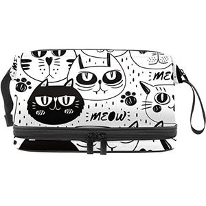 Grote capaciteit reizen cosmetische tas,Make-up tas,Waterdichte make-up tas Organizer, Witte zwarte kat, Meerkleurig, 27x15x14 cm/10.6x5.9x5.5 in