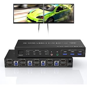 KVMSwitch 4 Port 2 Monitoren USB 3.0, Ondersteunt EDID, HDMI 4K 60Hz Voor 4 PC's Met Audio Microfoon Uitgang en 3 USB 3.0