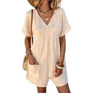 BANGHA Jumpsuits Voor Vrouwen Zomer Casual Mode Katoen Linnen Shorts Rompertjes Vrouwen Effen V-hals Pocket Korte Mouw Jumpsuits Zomer Casual Een Stuk Bib Overalls, Beige, XXL
