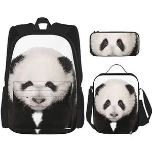 Panda Gedrukt Casual Rugzak Met Lunch Box Potlood Case Laptop Rugzak Reizen Dagrugzak, Zwart, Eén maat