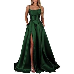 KIYNE Satijnen galajurken voor dames met steekzakken en spaghettibandjes, lange formele avondjurk, Emerald Groen, 38