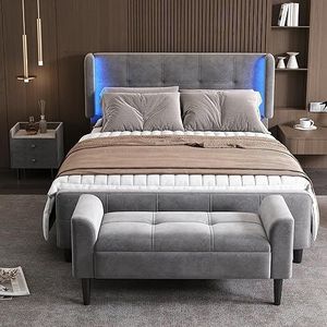 Idemon Tweepersoonsbed, gestoffeerd bed in modern design + 1 x nachtkastje + kruk, zijoren met 16 kleuren, nachtkastje met 2 laden, fluweel, grijs (140 x 200 cm)