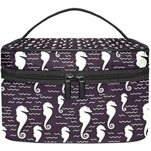 Hallo Verschillende Taal Witte Make-up Tas Voor Vrouwen Meisjes Cosmetische Tassen Met Handvat Reizen Make-up Organizer Tas, Hippocampus, 8.9x5.9x5.4 Inches, Make-up Pouch